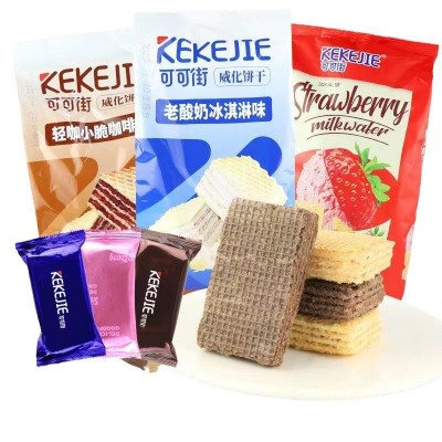 整箱批发可可街老酸奶冰激凌威化饼干咖啡威化饼干300g夹点心袋装图5